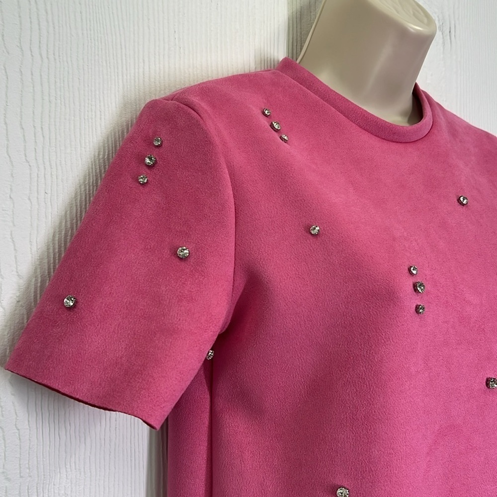 Zara - Pink Faux Suede Jewel Rhinestone Light Short Sleeve Mini Dress Size XS - Picture 5 of 13